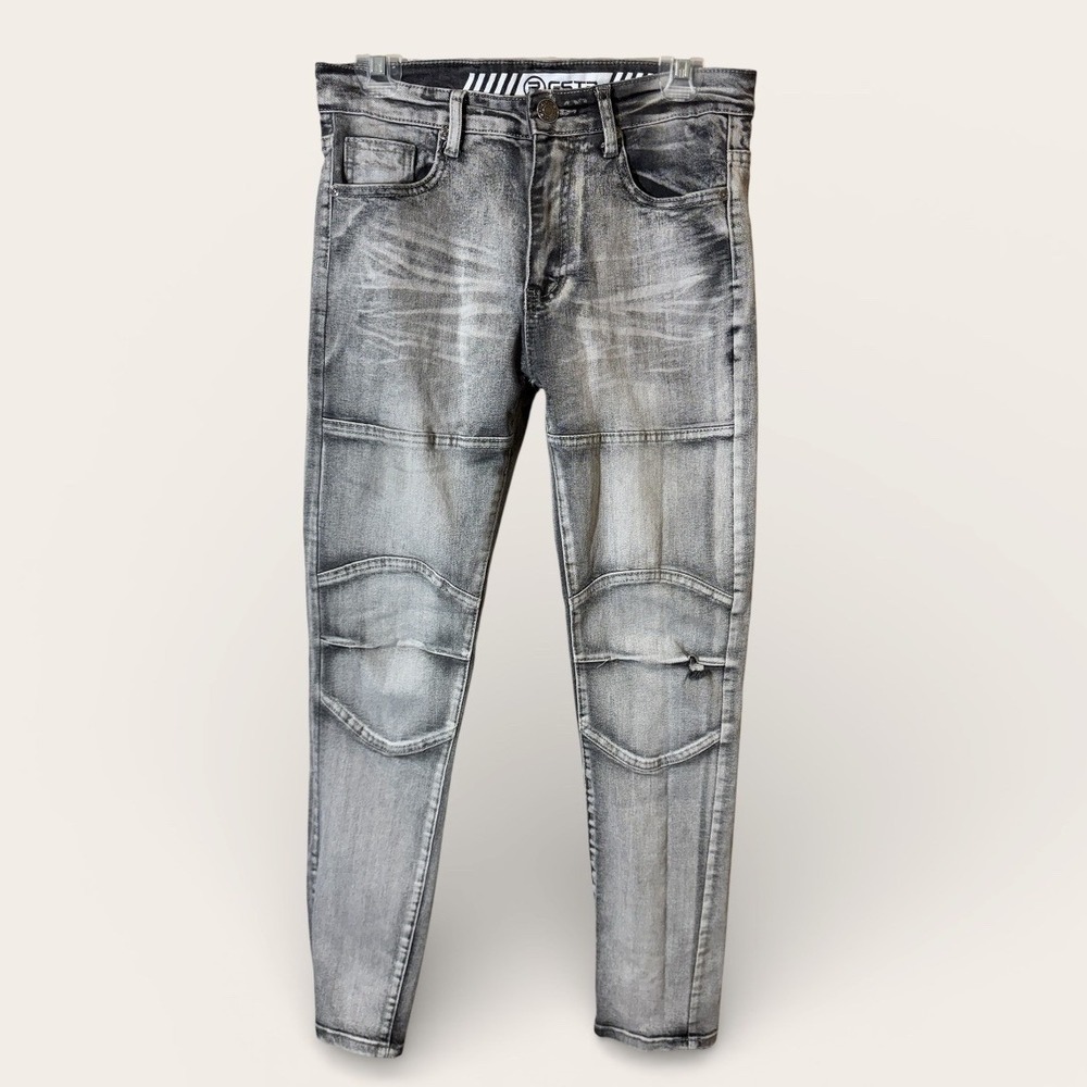 R-GSTR Mens Moto Skinny Jeans‎ Grey Acid Wash Paneled Biker Denim Size 30